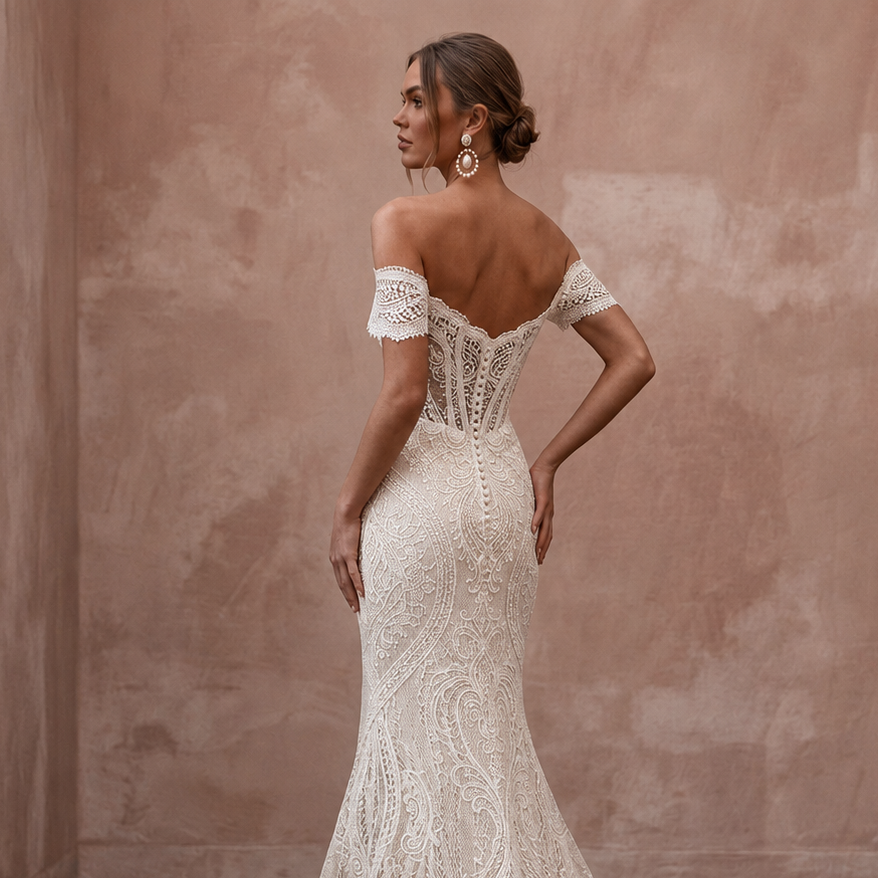 White lace off-shoulder mermaid wedding dress with low open back and scalloped lace cuffs