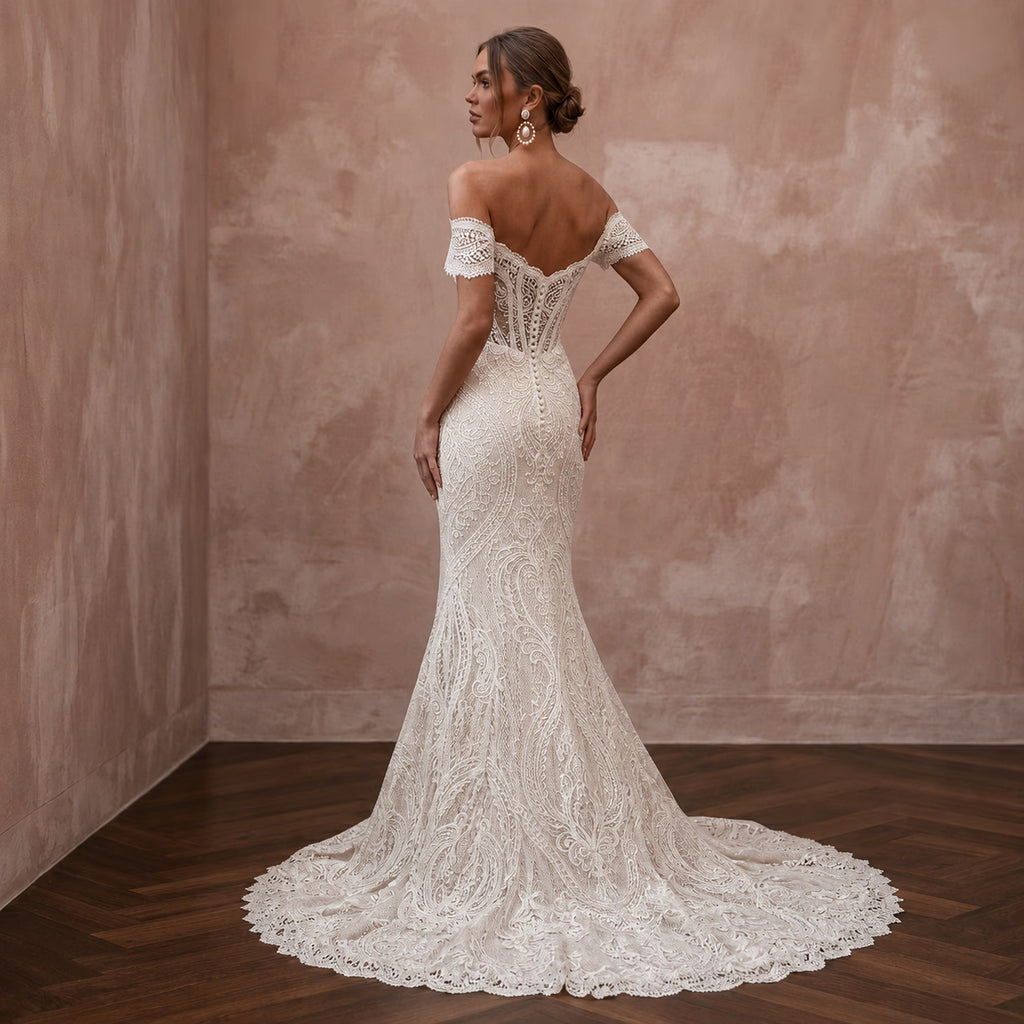 White lace off-shoulder mermaid wedding dress, fitted waist and flared lace hem