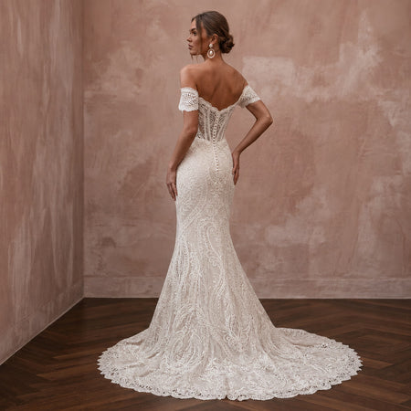 White lace off-shoulder mermaid wedding dress, fitted waist and flared lace hem