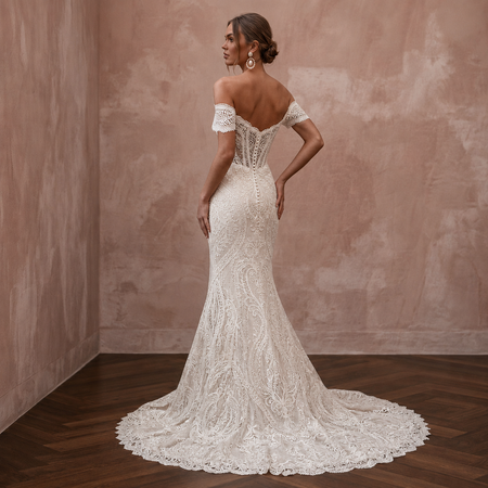 White lace off-shoulder mermaid wedding dress, fitted waist and flared lace hem