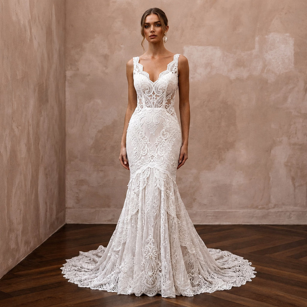 Vintage Lace Open Back Wedding Dress with Mermaid Silhouette