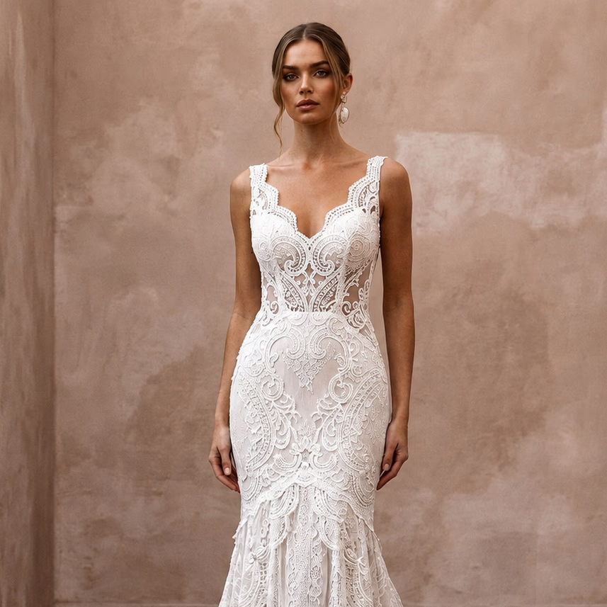 Vintage Lace Open Back Wedding Dress with Mermaid Silhouette