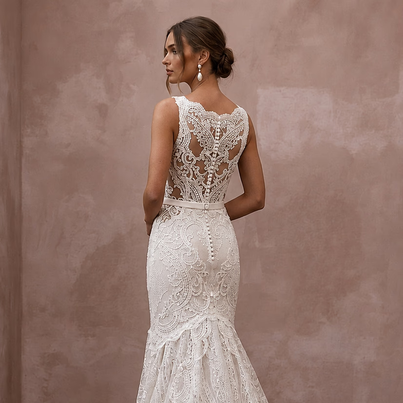 Vintage Lace Open Back Wedding Dress with Mermaid Silhouette