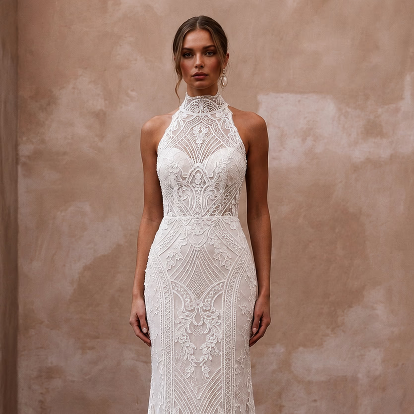 Vintage Lace Sheath Wedding Dress with High Neck - Apparel & Accessories > Clothing > Wedding & Bridal Party Dresses > Wedding Dresses - Mignonette Bridal