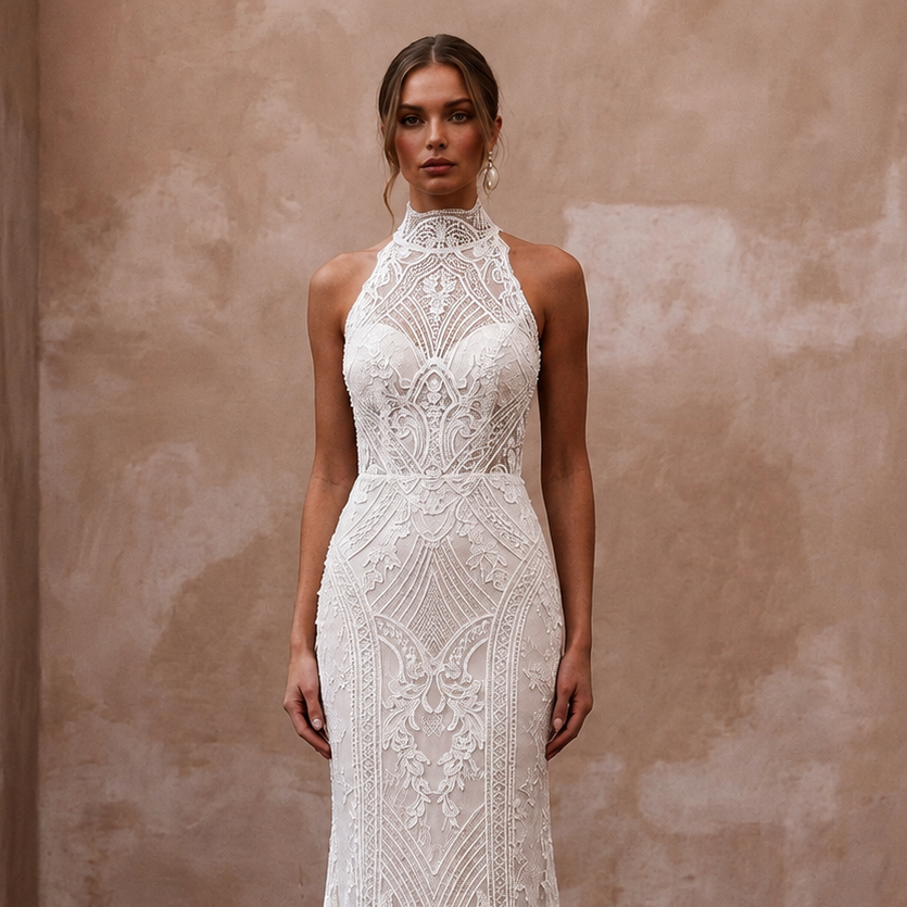 Vintage Lace Sheath Wedding Dress with High Neck - Apparel & Accessories > Clothing > Wedding & Bridal Party Dresses > Wedding Dresses - Mignonette Bridal