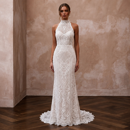 Vintage Lace Sheath Wedding Dress with High Neck - Apparel & Accessories > Clothing > Wedding & Bridal Party Dresses > Wedding Dresses - Mignonette Bridal