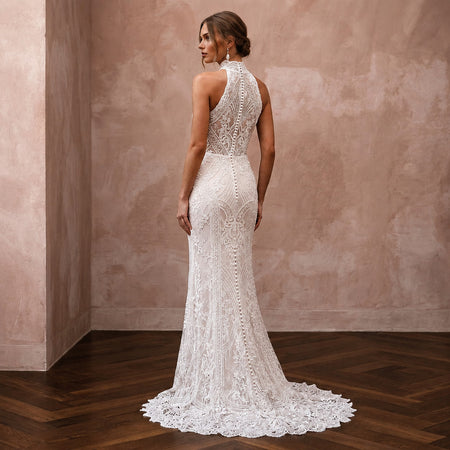 Vintage Lace Sheath Wedding Dress with High Neck - Apparel & Accessories > Clothing > Wedding & Bridal Party Dresses > Wedding Dresses - Mignonette Bridal