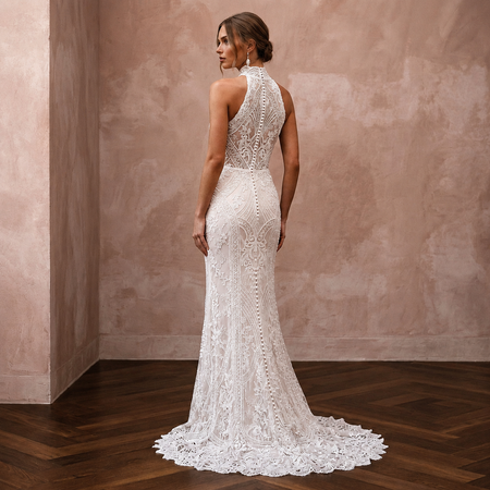 Vintage Lace Sheath Wedding Dress with High Neck - Apparel & Accessories > Clothing > Wedding & Bridal Party Dresses > Wedding Dresses - Mignonette Bridal