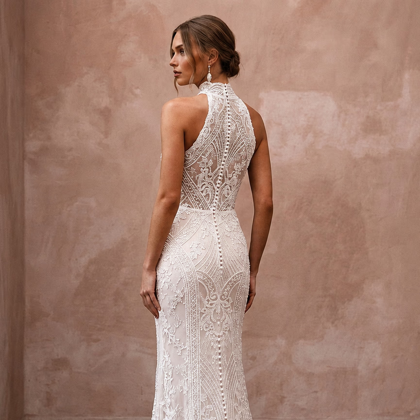 Vintage Lace Sheath Wedding Dress with High Neck - Apparel & Accessories > Clothing > Wedding & Bridal Party Dresses > Wedding Dresses - Mignonette Bridal