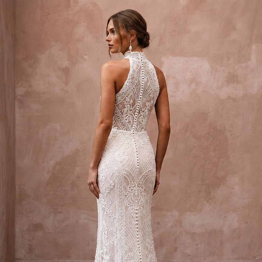 Vintage Lace Sheath Wedding Dress with High Neck - Apparel & Accessories > Clothing > Wedding & Bridal Party Dresses > Wedding Dresses - Mignonette Bridal