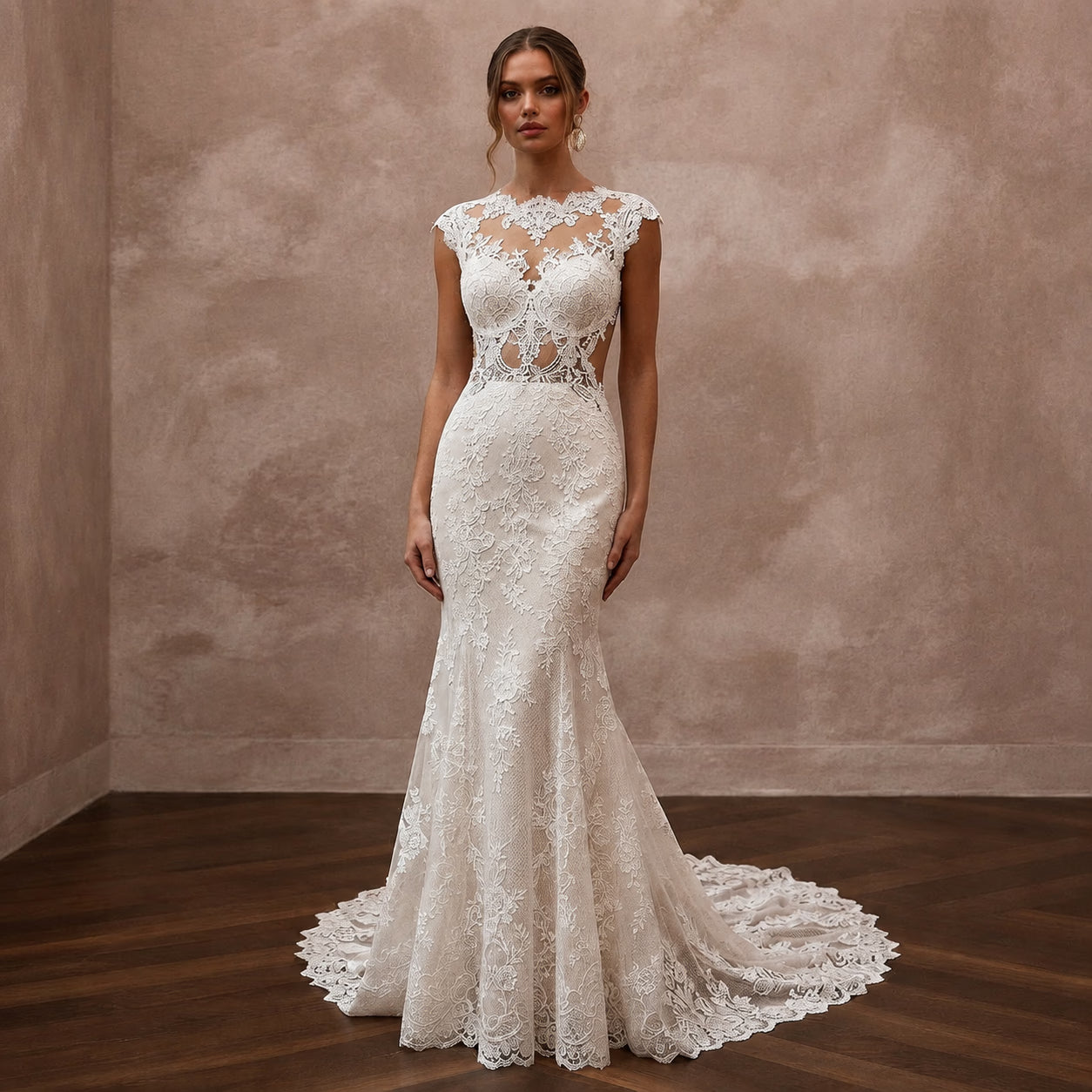 Vintage Lace Trumpet Wedding Dress with Open Back - Apparel & Accessories > Clothing > Wedding & Bridal Party Dresses > Wedding Dresses - Mignonette Bridal Main image