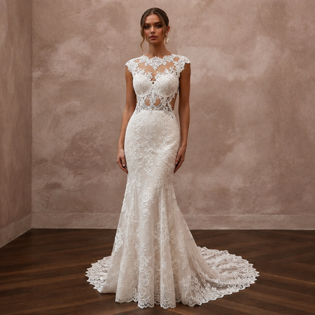 Vintage Lace Trumpet Wedding Dress with Open Back - Apparel & Accessories > Clothing > Wedding & Bridal Party Dresses > Wedding Dresses - Mignonette Bridal