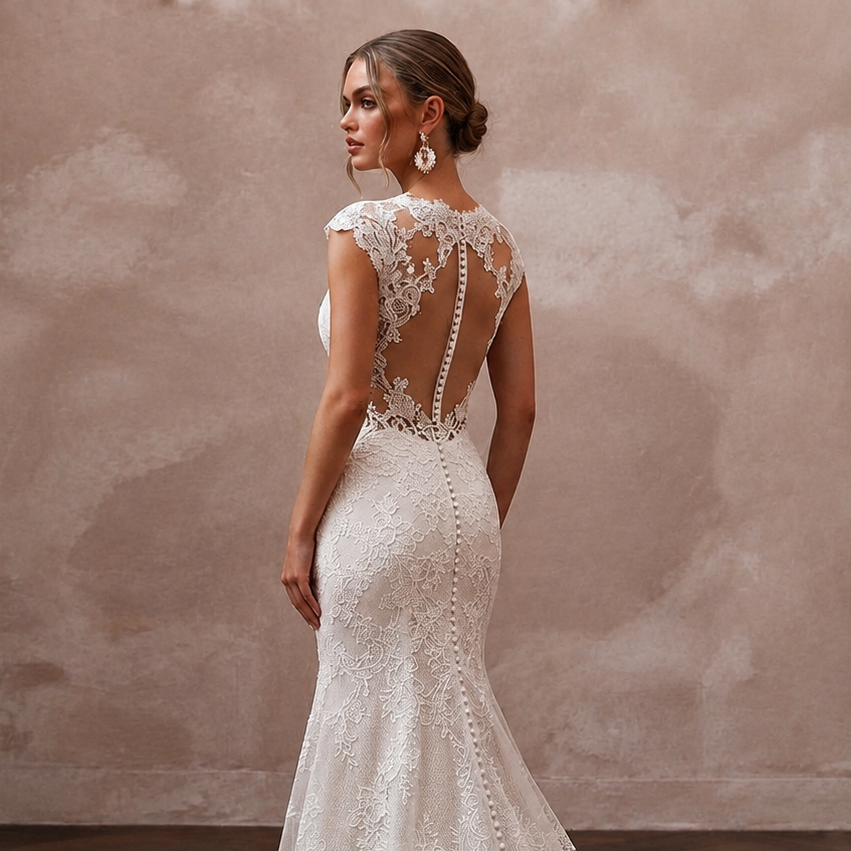 Vintage Lace Trumpet Wedding Dress with Open Back - Apparel & Accessories > Clothing > Wedding & Bridal Party Dresses > Wedding Dresses - Mignonette Bridal