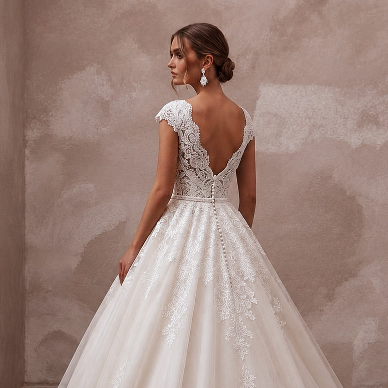 White lace V-back wedding ball gown with cap sleeves and full tulle skirt