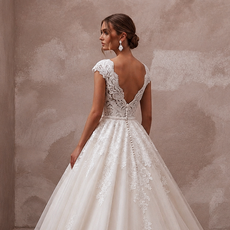 White lace V-back wedding ball gown with cap sleeves and full tulle skirt