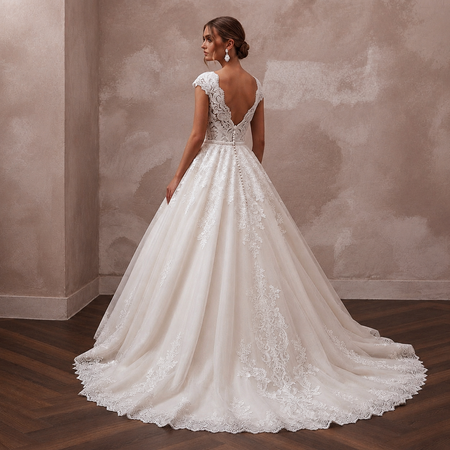 White lace V-back wedding ball gown with fitted waist and full tulle skirt