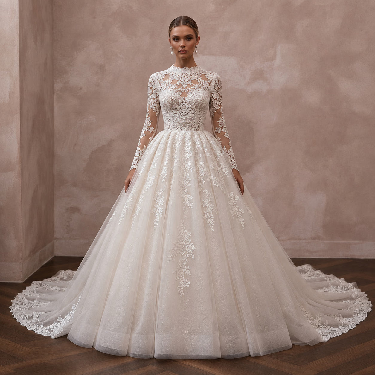 Vintage Lace Wedding Dress with High Neck and Ball Gown Silhouette