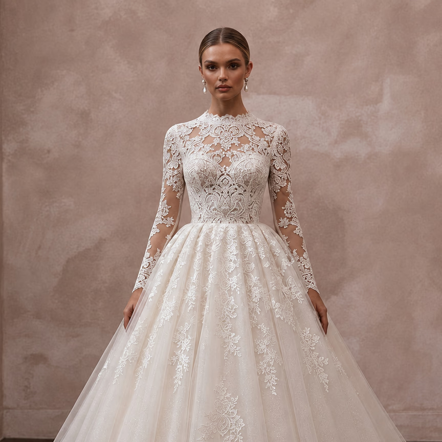 Vintage Lace Wedding Dress with High Neck and Ball Gown Silhouette