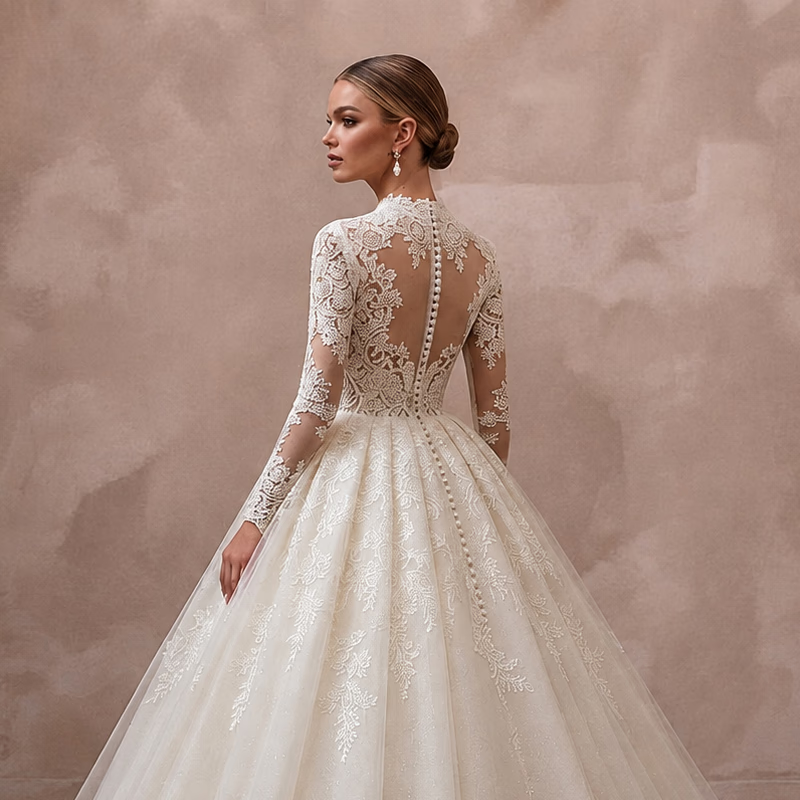 Vintage Lace Wedding Dress with High Neck and Ball Gown Silhouette