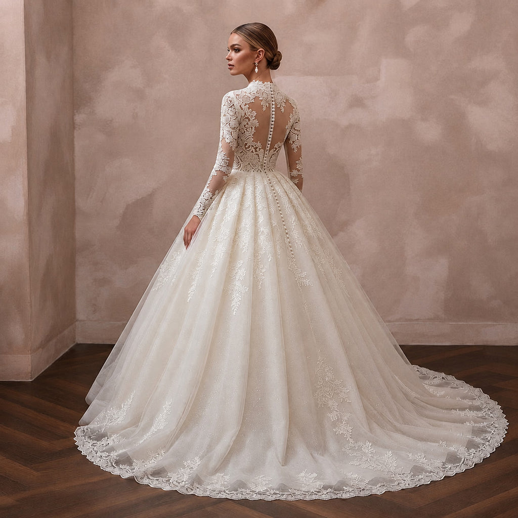 Vintage Lace Wedding Dress with High Neck and Ball Gown Silhouette