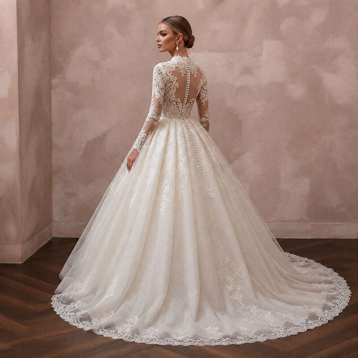 Vintage Lace Wedding Dress with High Neck and Ball Gown Silhouette