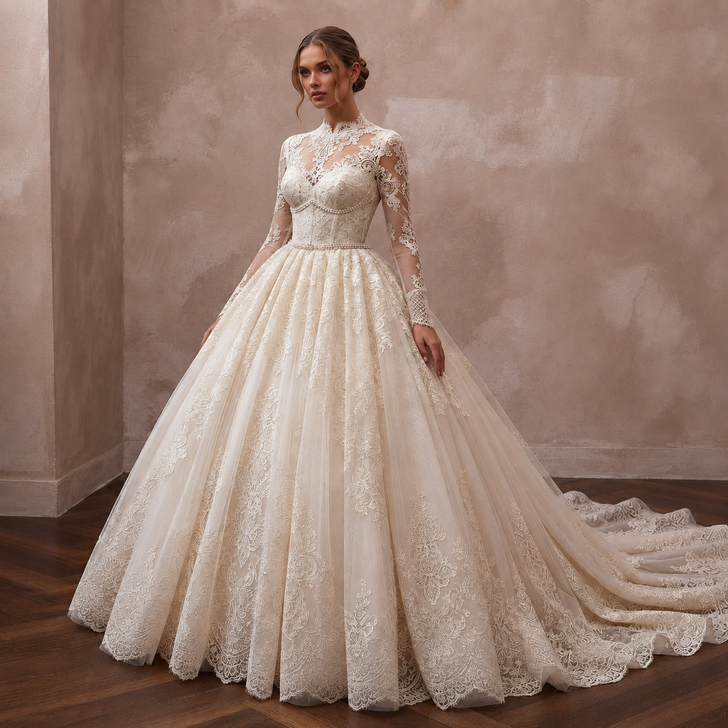 A woman modeling a voluminous ivory wedding gown with long lace sleeves, a high neckline, and a full tulle skirt with a train, posed in an indoor studio setting with a textured beige wall and dark wood floor.