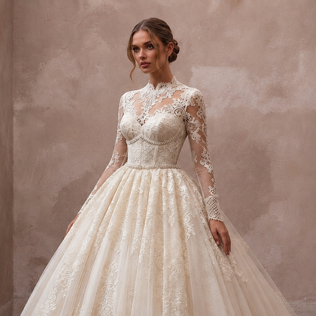 A woman modeling a voluminous ivory wedding gown with long lace sleeves, a high neckline, and a full tulle skirt with a train, posed in an indoor studio setting with a textured beige wall and dark wood floor.