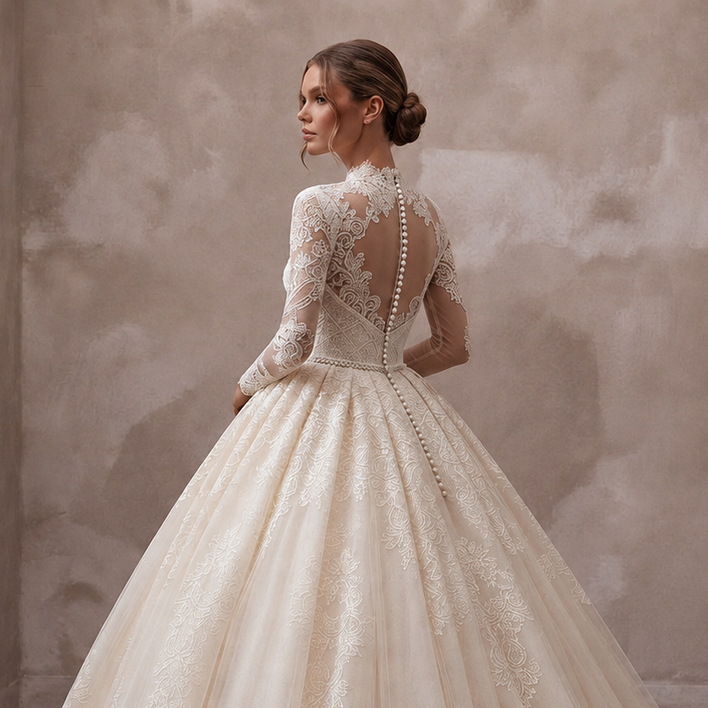 A woman wearing a voluminous ivory lace ball gown with long sleeves and a high neck, shown from the back in an indoor setting with a textured beige wall and dark wood floor.