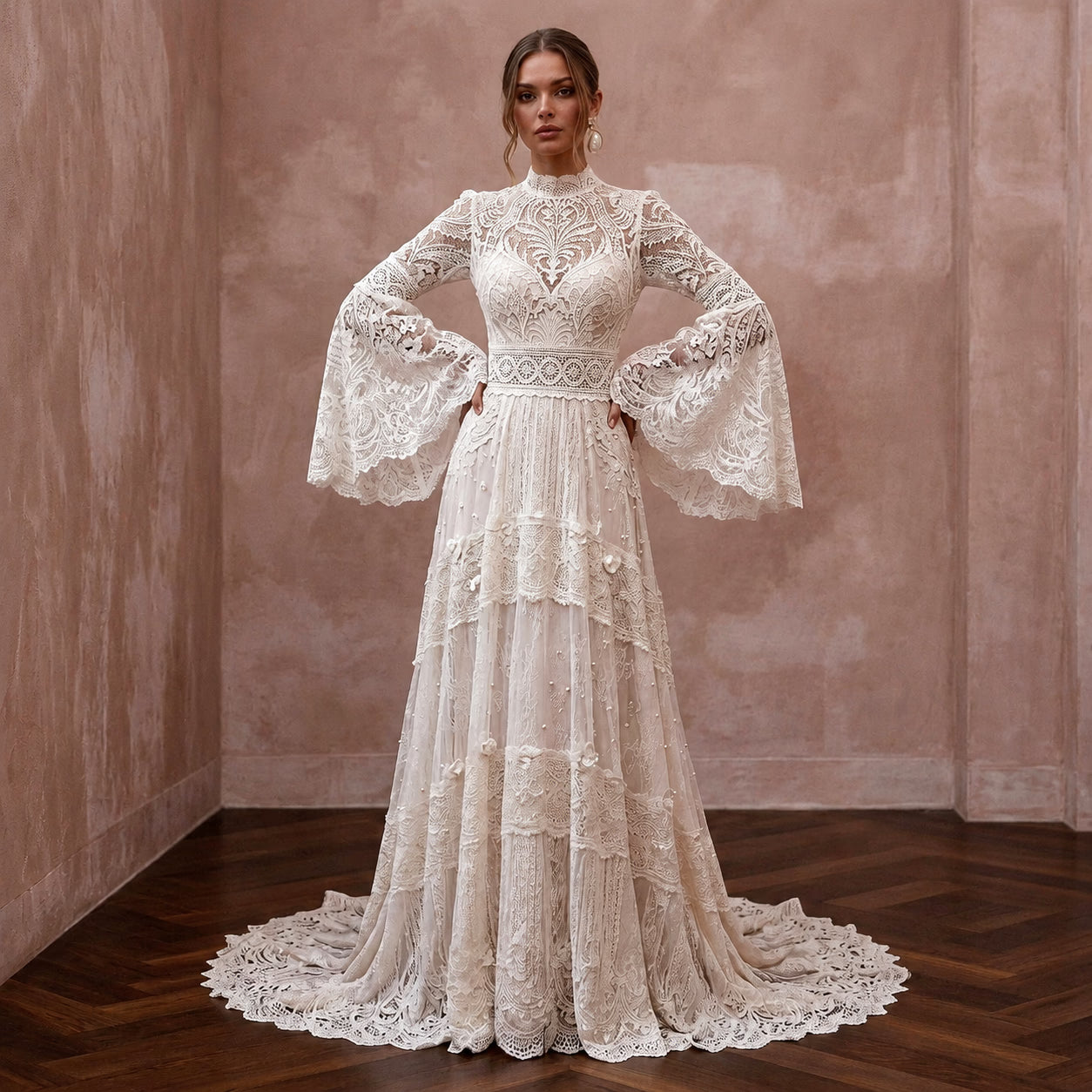 Vintage Lace Wedding Gown with Bell Sleeves for a Country Ceremony