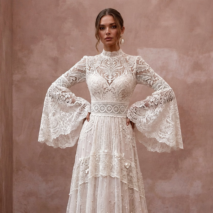 Vintage Lace Wedding Gown with Bell Sleeves for a Country Ceremony