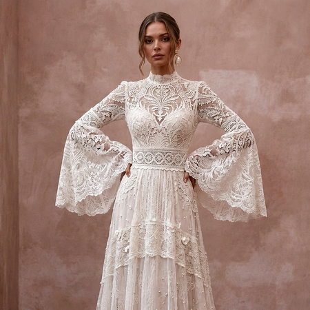Vintage Lace Wedding Gown with Bell Sleeves for a Country Ceremony