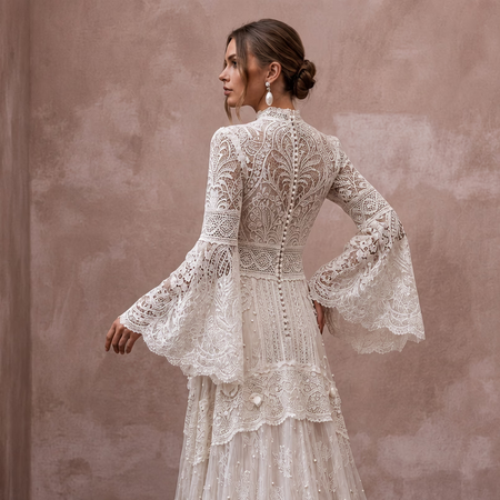 Vintage Lace Wedding Gown with Bell Sleeves for a Country Ceremony