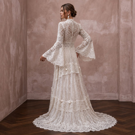 Vintage Lace Wedding Gown with Bell Sleeves for a Country Ceremony