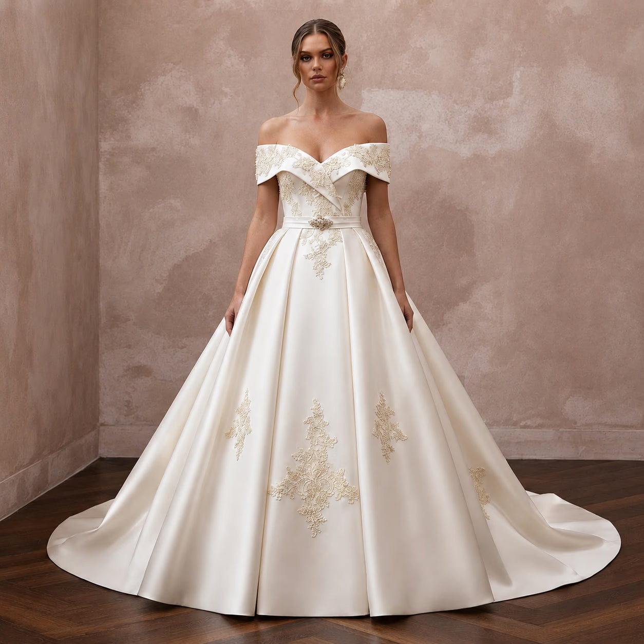 Vintage Satin Ball Gown Wedding Dress with Off - the - Shoulder Neckline - Apparel & Accessories > Clothing > Wedding & Bridal Party Dresses > Wedding Dresses - Mignonette Bridal Main image