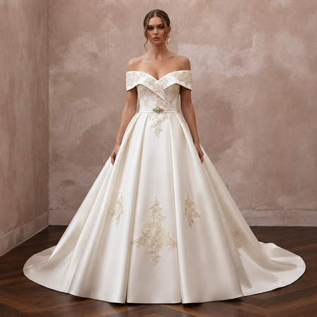 Vintage Satin Ball Gown Wedding Dress with Off-the-Shoulder Neckline