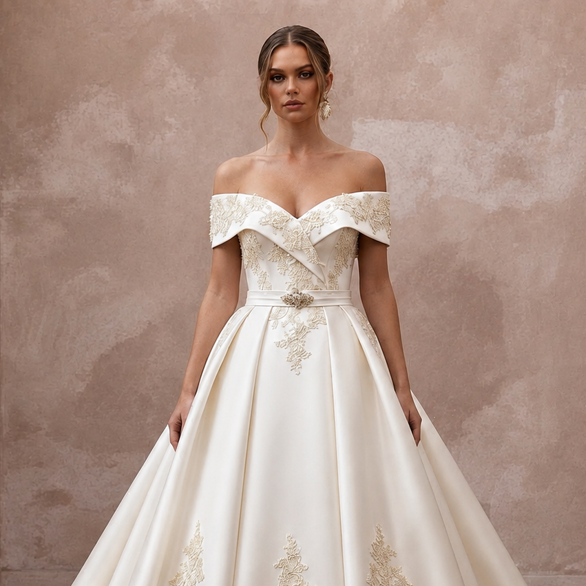 Vintage Satin Ball Gown Wedding Dress with Off-the-Shoulder Neckline