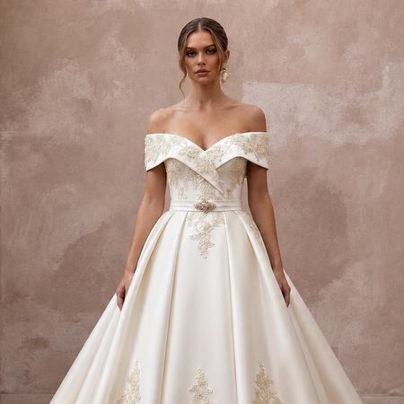 Vintage Satin Ball Gown Wedding Dress with Off-the-Shoulder Neckline