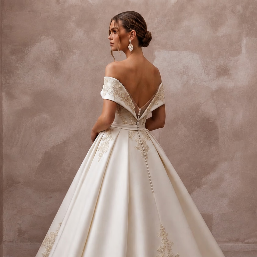 Vintage Satin Ball Gown Wedding Dress with Off - the - Shoulder Neckline - Apparel & Accessories > Clothing > Wedding & Bridal Party Dresses > Wedding Dresses - Mignonette Bridal
