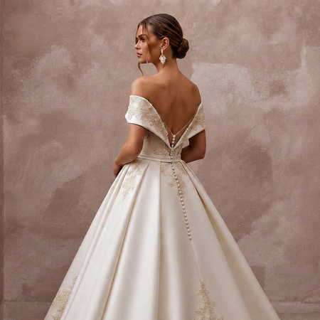 Vintage Satin Ball Gown Wedding Dress with Off-the-Shoulder Neckline