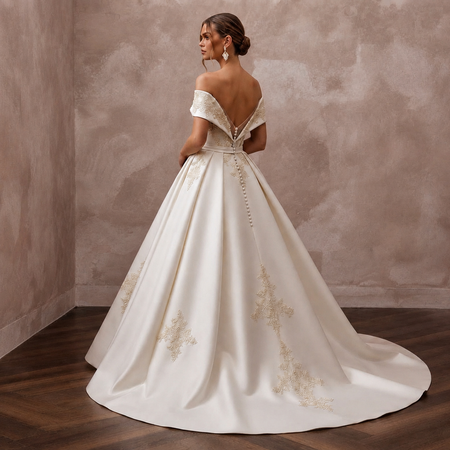 Vintage Satin Ball Gown Wedding Dress with Off-the-Shoulder Neckline