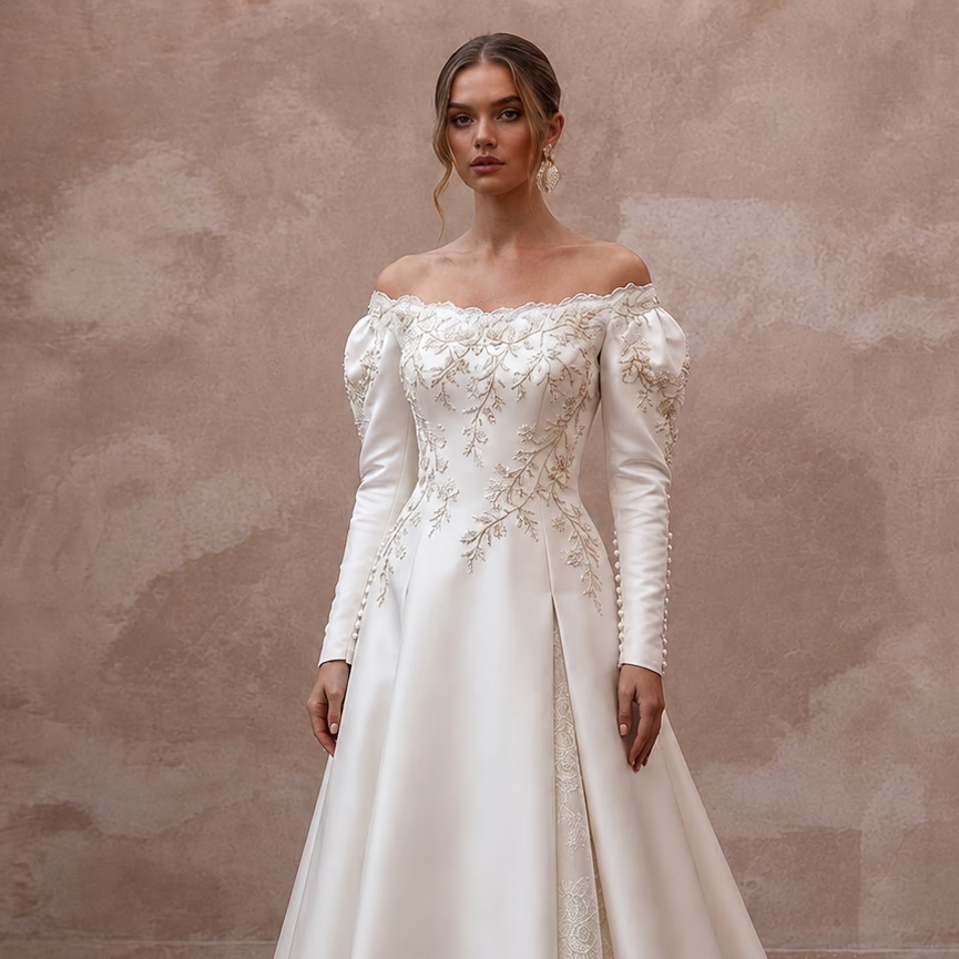 Vintage Satin Bridal Gown for a Winery Wedding Ceremony - Apparel & Accessories > Clothing > Wedding & Bridal Party Dresses > Wedding Dresses - Mignonette Bridal