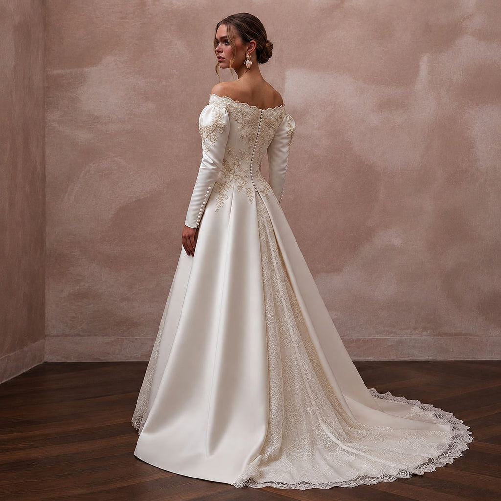 Vintage Satin Bridal Gown for a Winery Wedding Ceremony - Apparel & Accessories > Clothing > Wedding & Bridal Party Dresses > Wedding Dresses - Mignonette Bridal