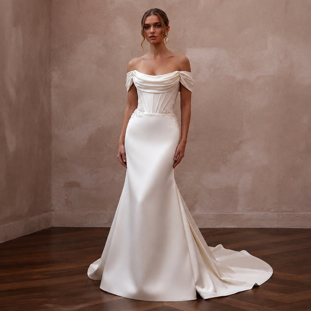 Vintage Satin Trumpet Wedding Dress with Off - the - Shoulder Neckline - Apparel & Accessories > Clothing > Wedding & Bridal Party Dresses > Wedding Dresses - Mignonette Bridal Main image