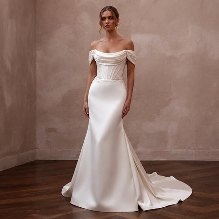 Vintage Satin Trumpet Wedding Dress with Off - the - Shoulder Neckline - Apparel & Accessories > Clothing > Wedding & Bridal Party Dresses > Wedding Dresses - Mignonette Bridal