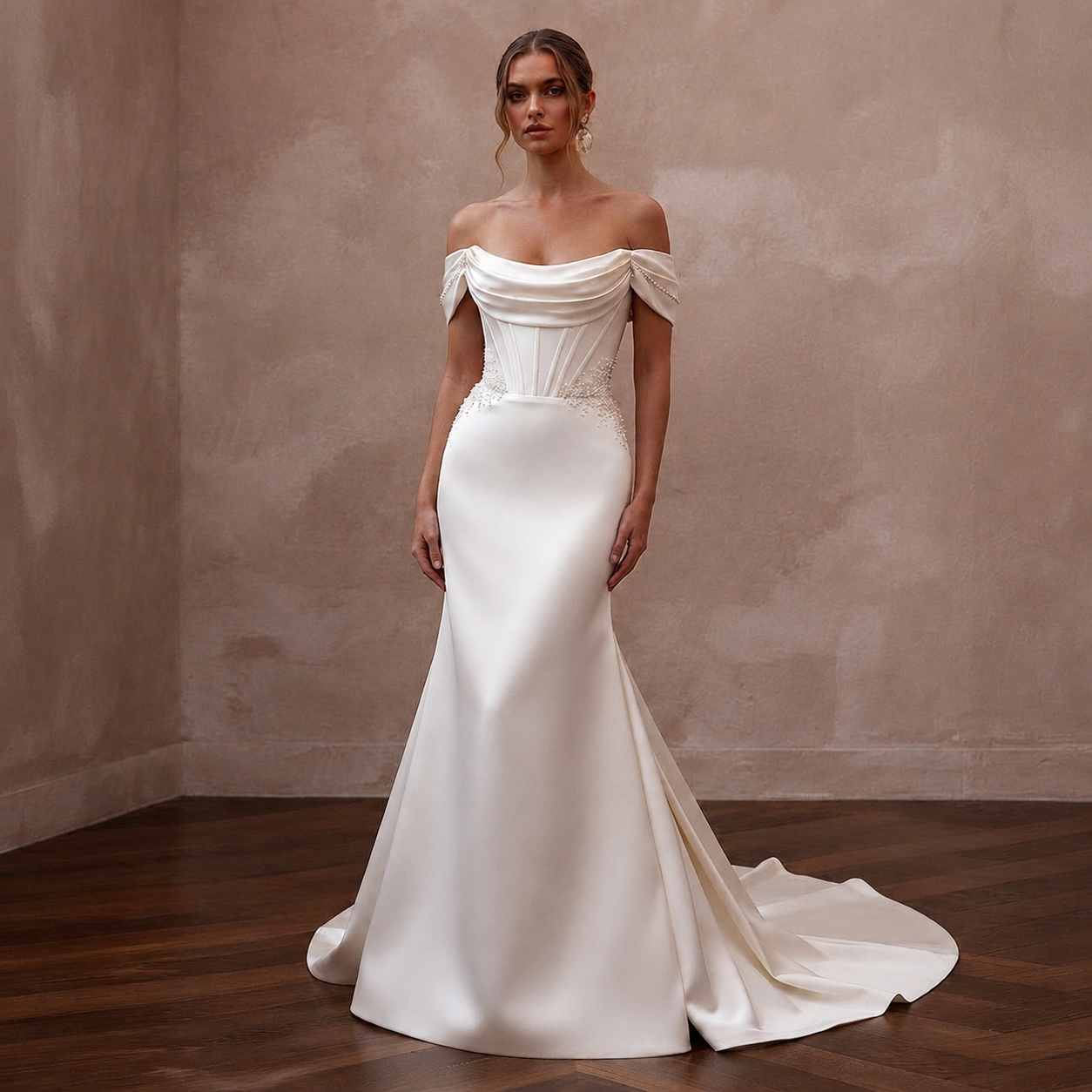 Vintage Satin Trumpet Wedding Dress with Off - the - Shoulder Neckline - Apparel & Accessories > Clothing > Wedding & Bridal Party Dresses > Wedding Dresses - Mignonette Bridal