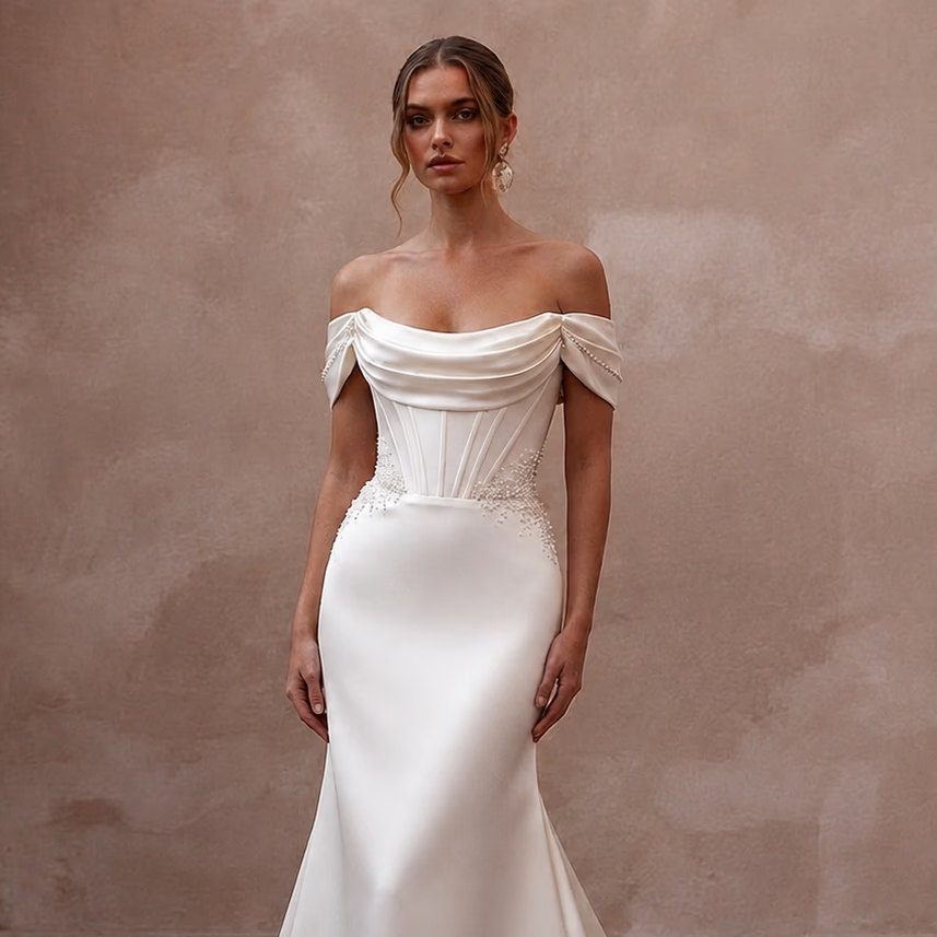 Vintage Satin Trumpet Wedding Dress with Off - the - Shoulder Neckline - Apparel & Accessories > Clothing > Wedding & Bridal Party Dresses > Wedding Dresses - Mignonette Bridal