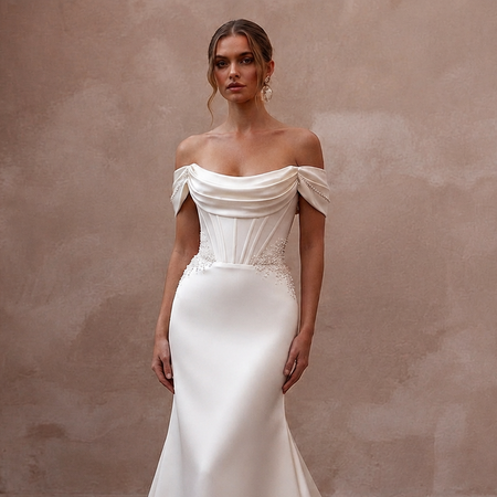 Vintage Satin Trumpet Wedding Dress with Off - the - Shoulder Neckline - Apparel & Accessories > Clothing > Wedding & Bridal Party Dresses > Wedding Dresses - Mignonette Bridal