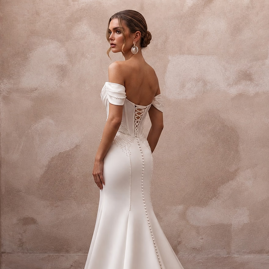 Vintage Satin Trumpet Wedding Dress with Off - the - Shoulder Neckline - Apparel & Accessories > Clothing > Wedding & Bridal Party Dresses > Wedding Dresses - Mignonette Bridal
