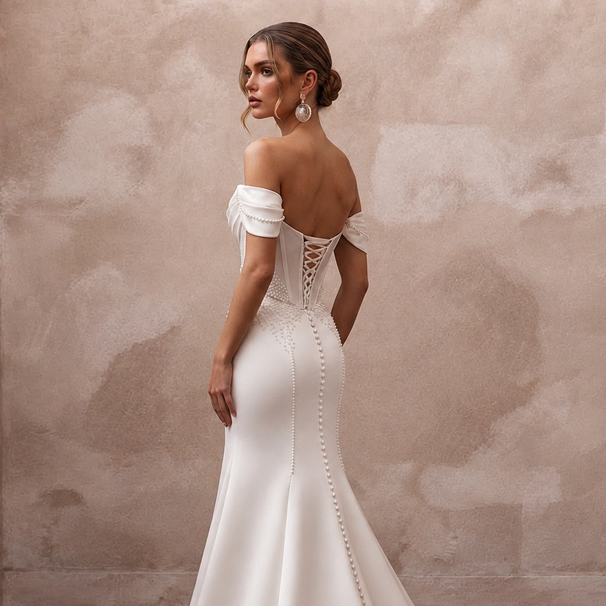 Vintage Satin Trumpet Wedding Dress with Off - the - Shoulder Neckline - Apparel & Accessories > Clothing > Wedding & Bridal Party Dresses > Wedding Dresses - Mignonette Bridal