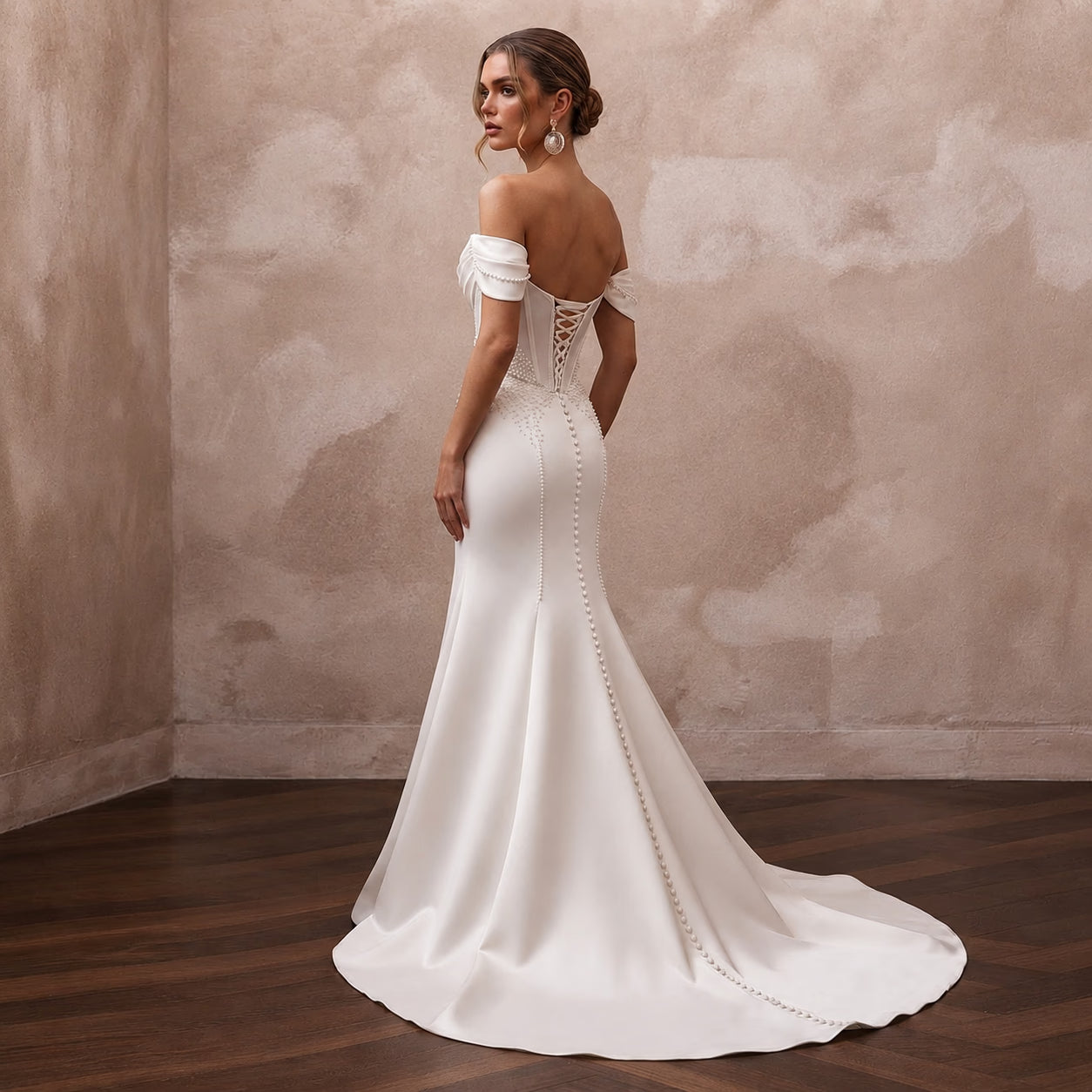 Vintage Satin Trumpet Wedding Dress with Off-the-Shoulder Neckline Secondary image
